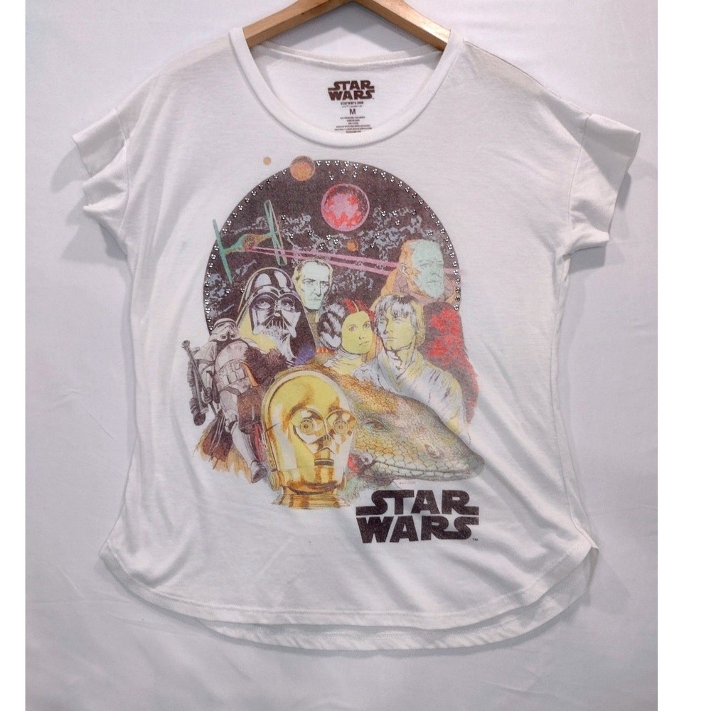 Star Wars Women White Rhinestone Graphic‎ Tee Shirt Darth Vader Leia Medium M